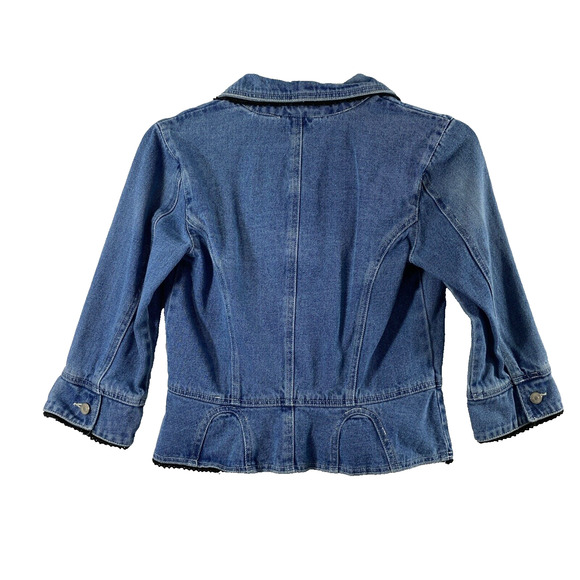 Jeanology Denim Jacket Womens Size 8 Blue Medium Wash Black Trim 3/4 Sleeve‎ - Picture 2 of 10